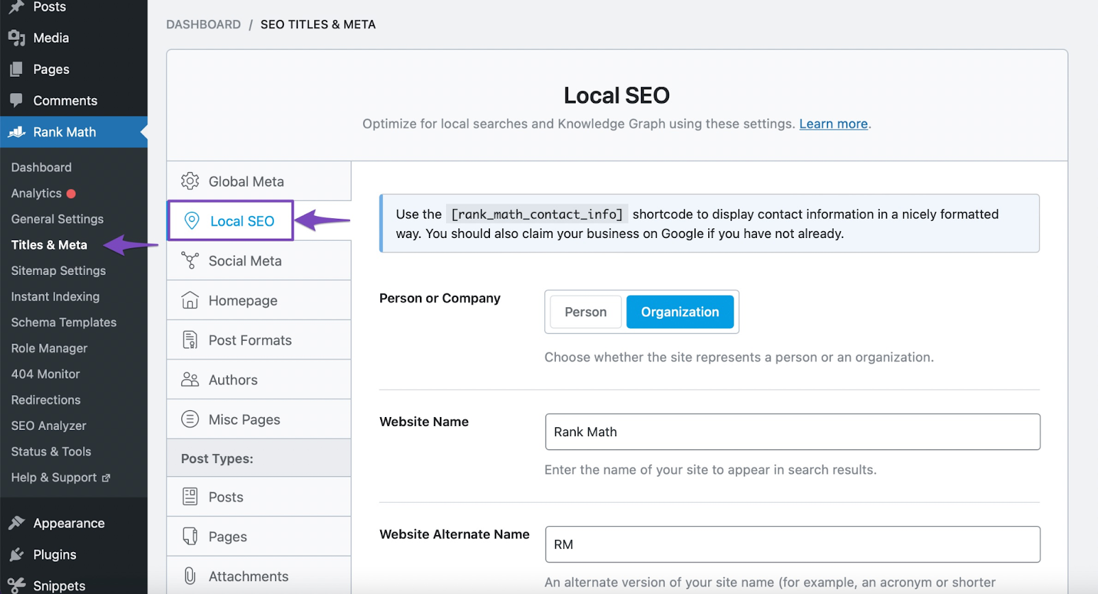 rank math local seo settings